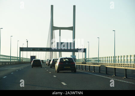 Prince of Wales Bridge formerly the Second Severn Crossing with the usual build up of afternoon traffic on the M4 between Bristol and Newport Gwent Stock Photo