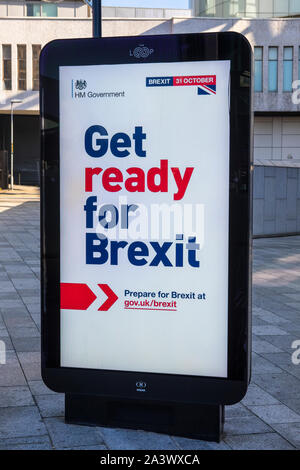 Birmingham, UK - September 20th 2019: An electronic billboard sign in the city of Birmingham in the UK, telling people to Get Ready for Brexit on the Stock Photo