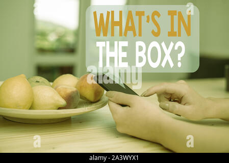 Word writing text What S In The Box Question. Business photo showcasing Curapp storeity Opening a gift Surprise package woman using smartphone office Stock Photo