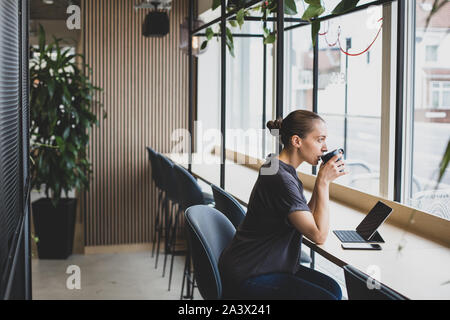 Freelance businesswoman working in a cafe Stock Photo