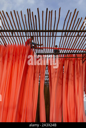 Indian workers drying orange sarees, Rajasthan, Sanganer, India Stock Photo