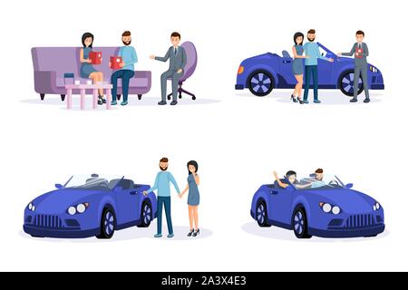 Automobile purchase process steps illustrations set. Smiling young couple, customers and retail agent cartoon characters. Consulting with salesman, key handover, buying and driving new car Stock Vector