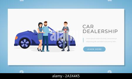 Car dealership web banner vector template. Transport retail business website landing page interface layout. Automobile showroom, rental service webpage, homepage cartoon concept with text space Stock Vector