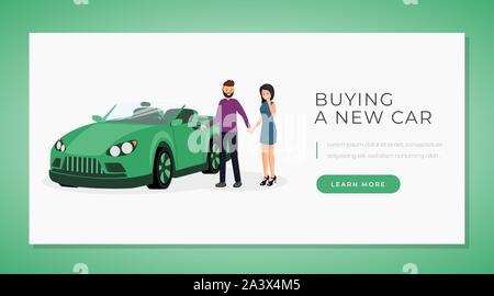 Buying new car web banner template. Transport showroom, automobile dealership center website landing page interface layout. Vehicle retail service webpage, homepage concept with text space Stock Vector