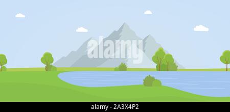 Beautiful mountain landscape flat vector illustration. Empty national park with no people, picturesque nature reserve, natural environment. Tranquil summer panorama with green meadow and pond Stock Vector