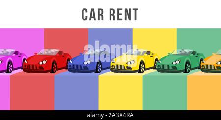 Car rent flat banner vector template. Automobile dealership center, personal transport leasing service advertising poster layout. Different multicolor cabriolets cartoon illustration with typography Stock Vector