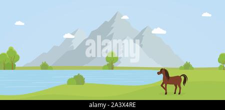 Wild nature reserve flat vector illustration. Beautiful countryside landscape, scenic panorama with mountains, lake and brumby. Horse farm, national park, purebred mare, stallion on pasture Stock Vector