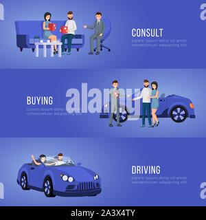 Automobile showroom advertising banner vector template. Personal vehicle, transportation dealership service poster layout. Salesman and happy clients buying car flat illustration with text space Stock Vector