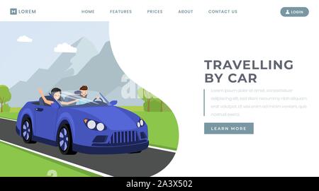 Car traveling landing page vector template. Personal transportation rental service website homepage interface idea with flat illustration. Road trip, family journey web banner cartoon concept Stock Vector