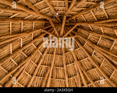 Rustic beach roof, view inside of palm umbrella used for outdoor, beautiful patterns and wood textures Stock Photo