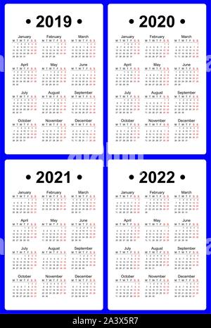 Set of 4 calendar templates, English language, Monday first. 2019, 2020, 2021, 2022 year vector Stock Vector