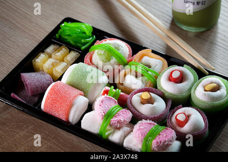 Sushis made of sweets in a bento box Stock Photo