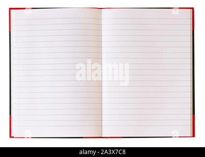 Open notebook spread with blank white pages and blue lines. Isolated on white background. Background image. Stock Photo