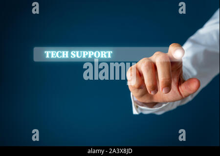 Male finger pointing at a search bar on virtual interface with Tech support words in it. Over navy blue background. Stock Photo
