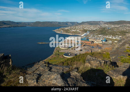 View of Corner Brook from Captain James Cook National Historic Site, Newfoundland Stock Photo