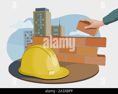 Construction industry composition inclunding a security hat, a worker building a wall and some buildings on the background. Vector illustration. Stock Vector