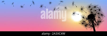 Dandelion, flowering plant. Silhouette of a dandelion on a background of sky and sun. Stock Vector