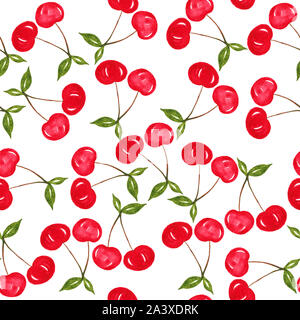 seamless pattern with red cherries isolated on white background, watercolor fruits Stock Photo
