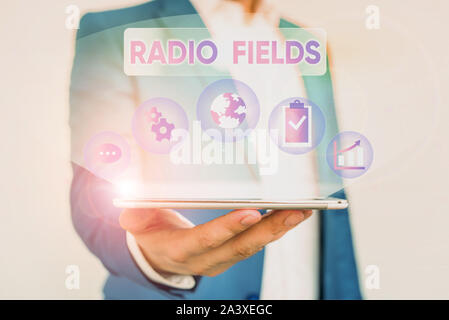 Writing note showing Radio Fields. Business concept for electromagnetic field intensity consisting of an electric Male human wear formal suit presenti Stock Photo