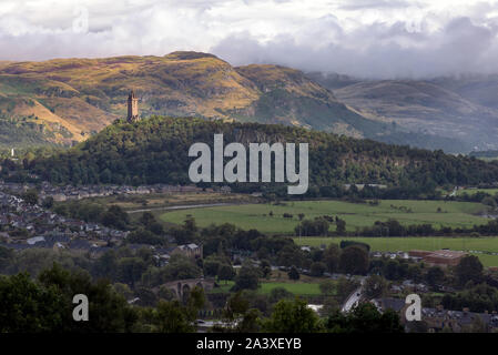 View of The National Wallace Monument and surroundings in Stirling, Scotland. The tower standing on the shoulder of the Abbey Craig Stock Photo