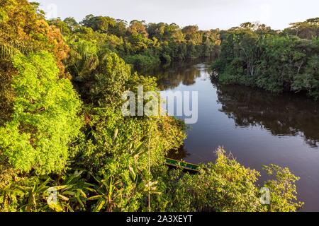 THE KOUROU RIVER SEEN THROUGH THE CANOPY OF THE AMERINDIAN FOREST, FRENCH GUIANA, OVERSEAS DEPARTMENT, SOUTH AMERICA, FRANCE Stock Photo