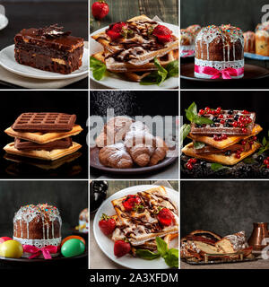 Nine different pictures of cakes, sweets and pastries collected in a collage Stock Photo