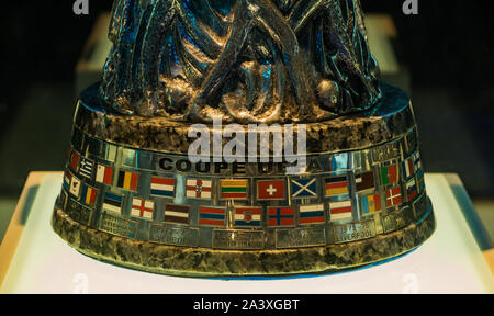 A close-up picture of the UEFA Cup trophy on display inside the FC Porto Museum. Stock Photo