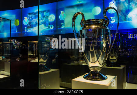 A picture of the Champions League trophy on display inside the FC Porto Museum. Stock Photo