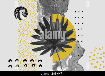 Abstract background: dynamic black golden brush stroke, minimal elements, tropical leaf. Acrylic smudge shape, doodles in modern style. Doodle, golden Stock Photo