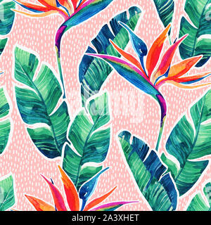 Seamless tropical floral pattern. Hand painted watercolor exotic leaves ...