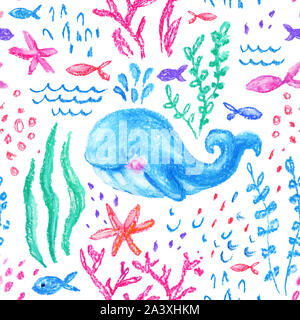 Crayon childlike marin seamless pattern. Underwater sea, ocean life childish drawing. Cute whale, fishes, starfish, corals on white background. Hand d Stock Photo