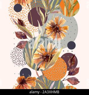 Abstract floral and geometric seamless pattern. Watercolor flowers and leaves, circle shapes filled with watercolour, minimal doodle textures on backg Stock Photo