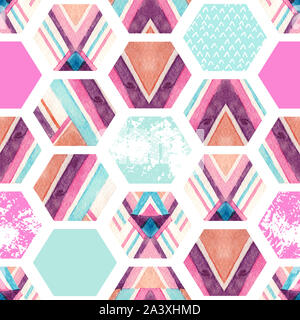 Watercolor hexagon seamless pattern with geometric ornamental elements. Abstract ornate geometrical background with grunge texture. Hand painted illus Stock Photo