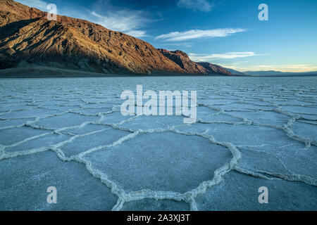 Polygonal salt pans and Black Range, Badwater Basin, Death Valley National Park, California USA