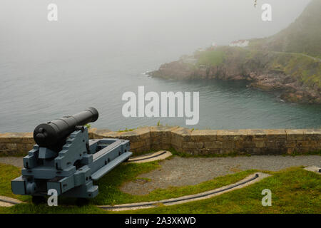 Cannon on Signal Hill overlooking Fort Amherst across The Narrows in the fog, St. John's, Newfoundland Stock Photo