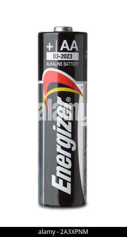 Samara, Russia - October 2017. Product shot of Energizer AA alkaline battery isolated on white Stock Photo