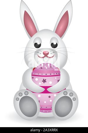 Cute small white lovely bunny with Easter egg. Stock Vector