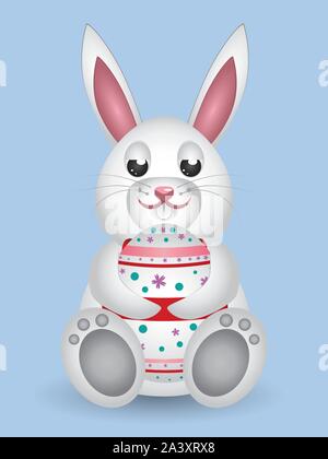 Cute small white lovely bunny with Easter egg. Stock Vector