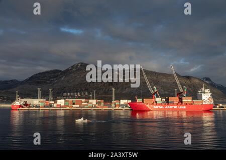 THE ROYAL ARTIC LINE, COMMERCIAL PORT DE NUUK AT SUNSET, GREENLAND, DENMARK Stock Photo