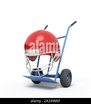 3d rendering of navy blue hand truck standing upright with red sport helmet on it. Stock Photo