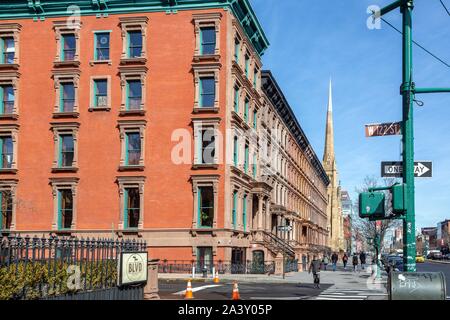 RED BRICK FACADE, MALCOLM X BOULEVARD, HARLEM, MANHATTAN, NEW YORK, UNITED STATES, USA Stock Photo