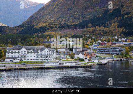 Eidfjord, Hordaland, Norway. This pretty village sits at the end of Hardanger Fjord Stock Photo