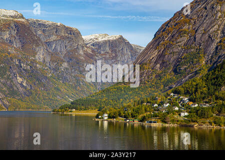 Eidfjord, Hordaland, Norway. This pretty village sits at the end of Hardanger Fjord Stock Photo