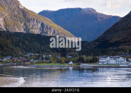 Eidfjord, Hordaland, Norway. This pretty village sits at the end of Hardanger Fjord Stock Photo