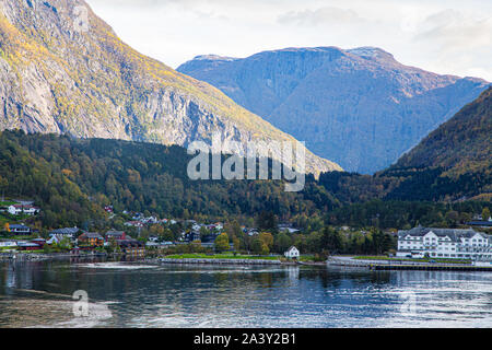 Eidfjord, Hordaland, Norway. This pretty village sits at the end of Hardanger Fjord Stock Photo