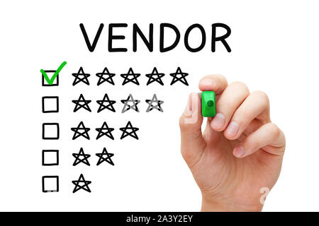 Satisfied customer putting check mark with green marker on five star rating in vendor evaluation feedback form.