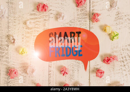 Conceptual hand writing showing Smart Fridge. Concept meaning programmed to sense what kinds of products being stored inside Colored speech bubble pap Stock Photo