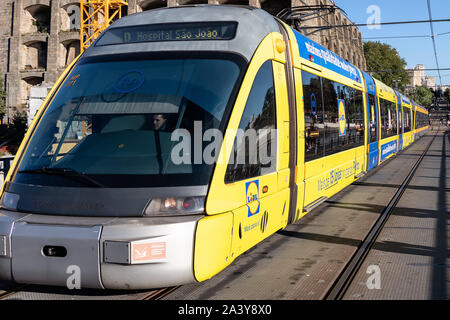 Porto, Portugal, July 19, 2019: View of the metro tram train crossing the Dom Luis I bridge in Porto, Portugal Stock Photo