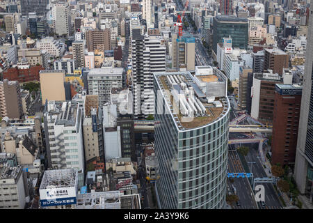 Osaka, Japan - September 22, 2019: Looking down on tall office buildings in central Umeda district Stock Photo