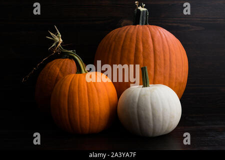 Rustic Grouping of Whole Pumpkins: Group of whole pumpkins of various sizes on a dark wood background Stock Photo